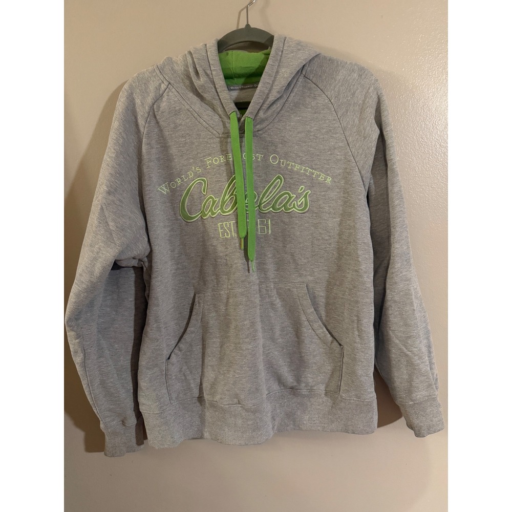 Cabelas Womens XL Gray Lime Green Graphic Logo Hoodie Pullover Fleece 915043